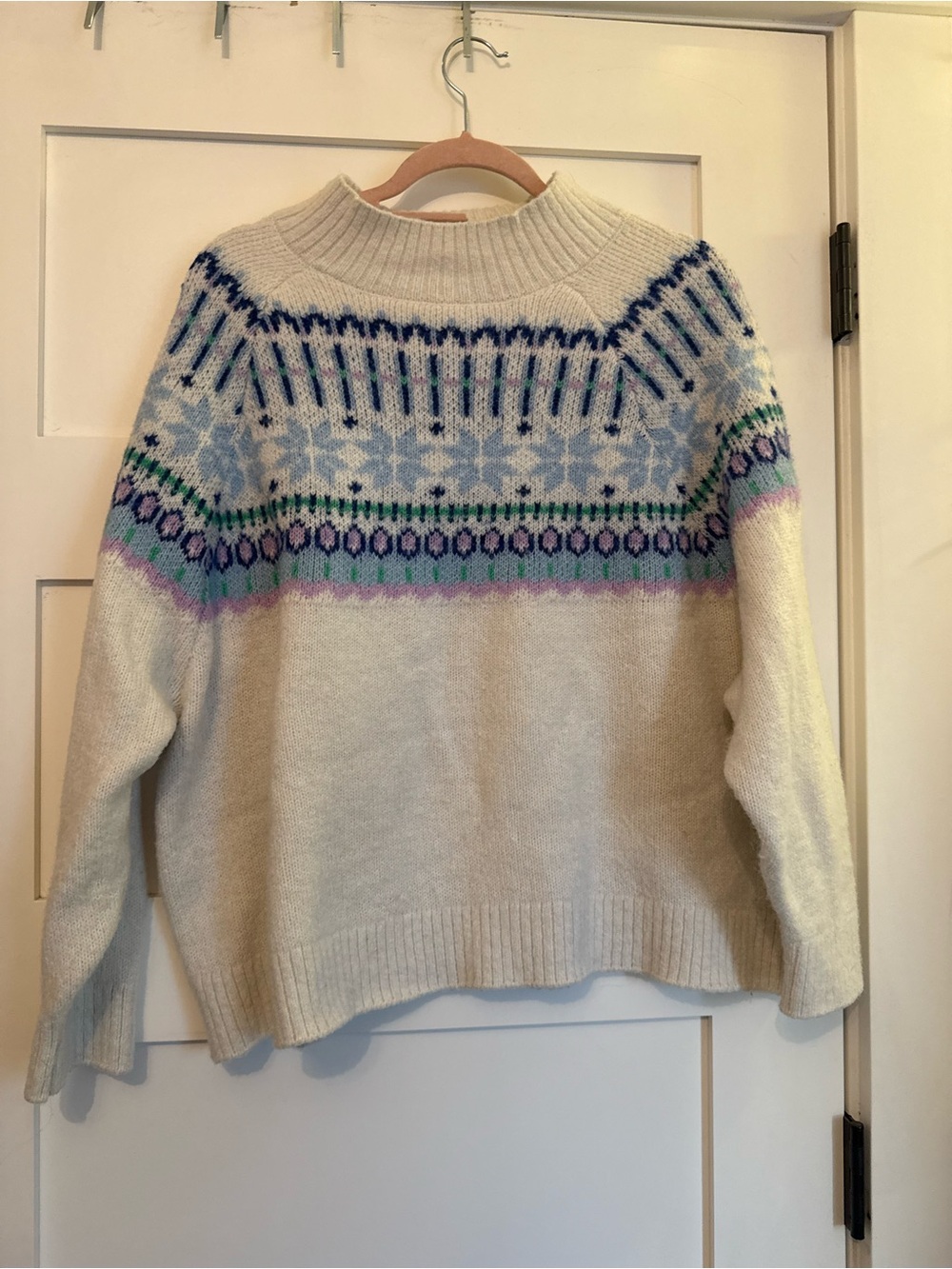 Old Navy Cream Fair Isle Turtleneck Sweater with Blue, Green & Purple Accents